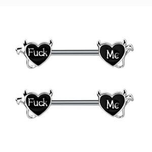 F*ck Me naughty barbell nipple rings pair 14g stainless steel black silver heart